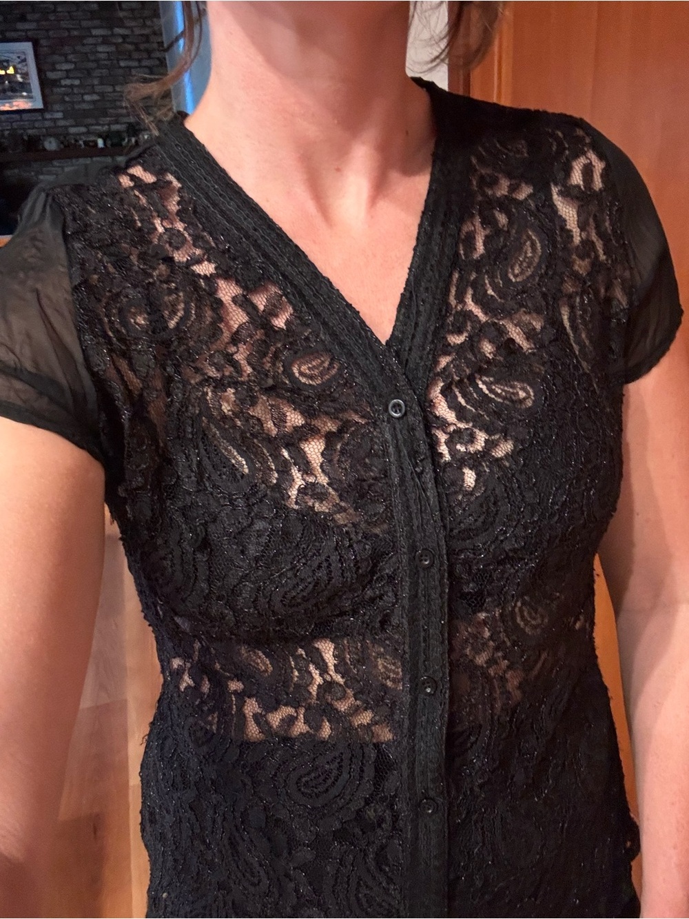 Vintage 90s Claudia Richard Black Lace V-neck Button-down Top